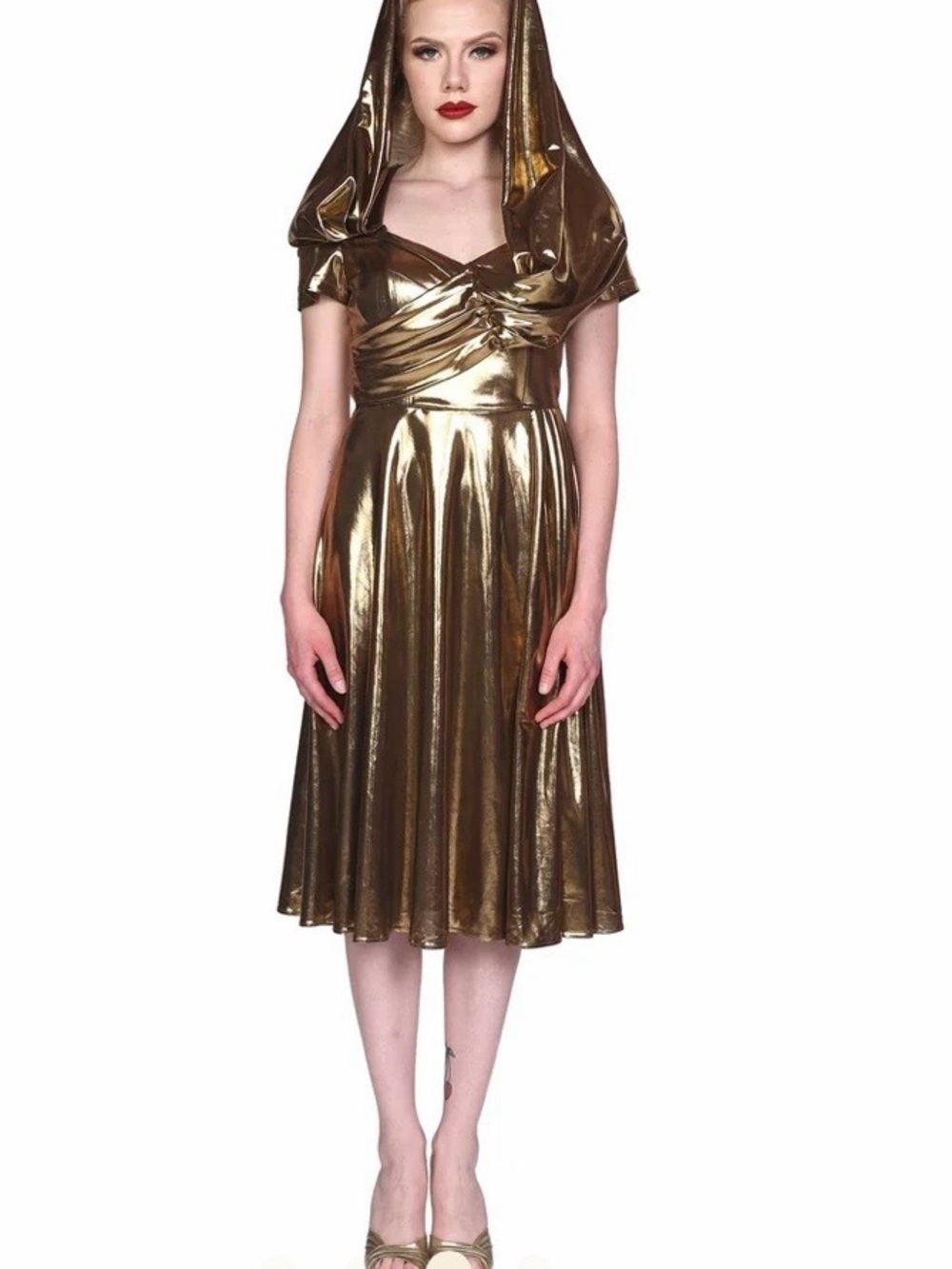 Nicolette Carlone Metallic Gold Hooded Midi Dress